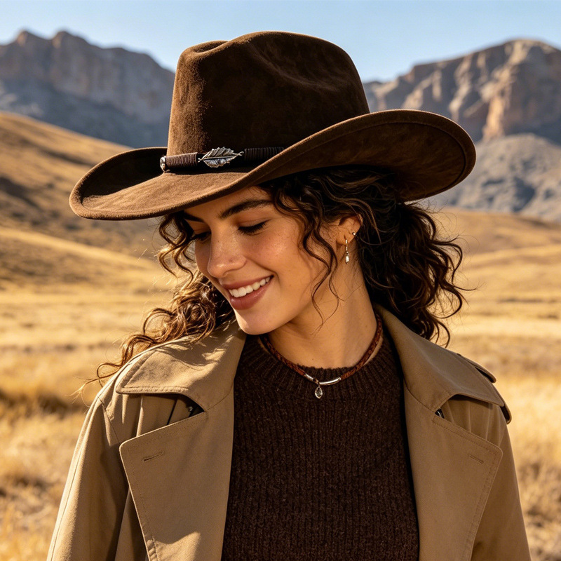 Fedora Hat Wool - หมวกปานามาสไตล์คาวบอยตะวันตก ทำจากผ้าขนสัตว์ สำหรับผู้หญิงและผู้ชาย ป้องกันแสงแดดกลางแจ้ง ปีกกว้าง ทรงเฟโดร่า
