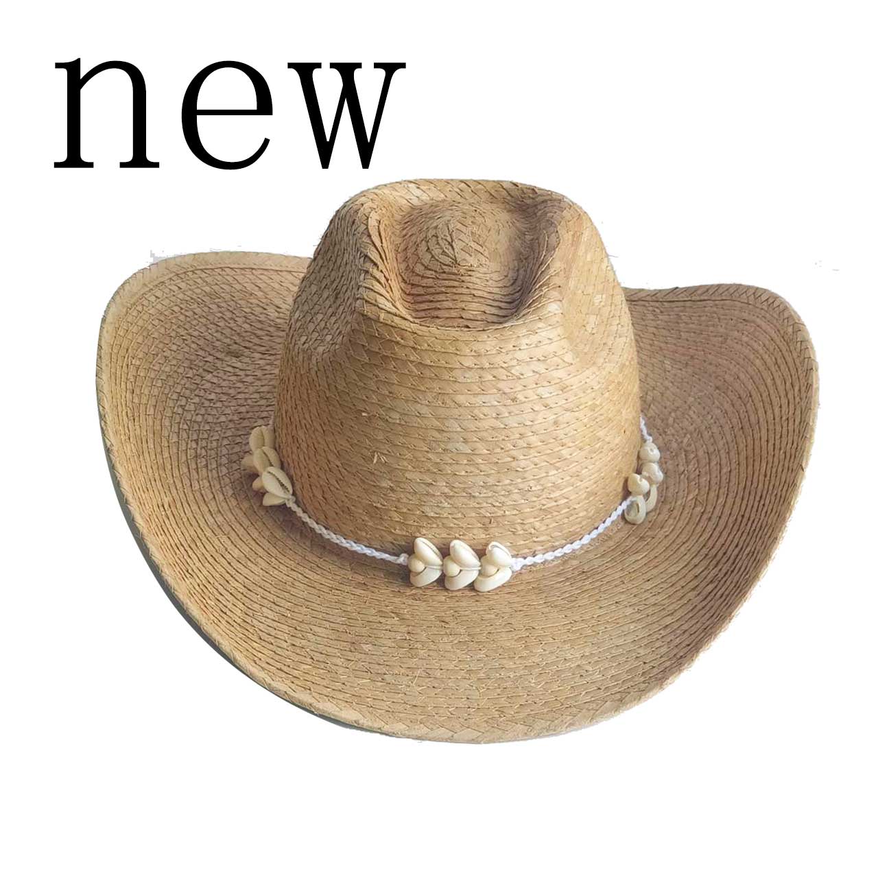 Cowboy Hat Straw - หมวกคาวบอยทรงปาล์ม หมวกฟาง หมวกปานามา หมวกตกแต่งเปลือกหอย สำหรับผู้หญิง ผู้ชาย