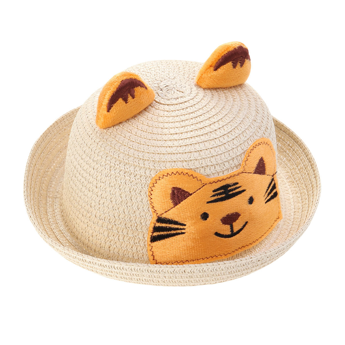 Sun Hat Wide Brim - หมวกฟางลายการ์ตูนรูปสัตว์ หมวกกันแดดชายหาด สีเบจ ระบายอากาศได้ดี ปีกกว้าง ป้องกันรังสียูวี