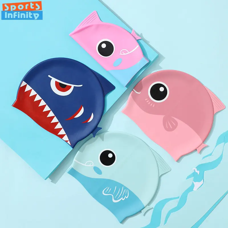 Swim Hat Silicone - หมวกว่ายน้ำซิลิโคนรูปการ์ตูนปลาฉลามน่ารักสำหรับเด็กหมวกว่ายน้ำสำหรับเด็กหญิงเด็กชายว่ายน้ำสำหรับเด็กหูอุปกรณ์เสริมสระว่ายน้ำ